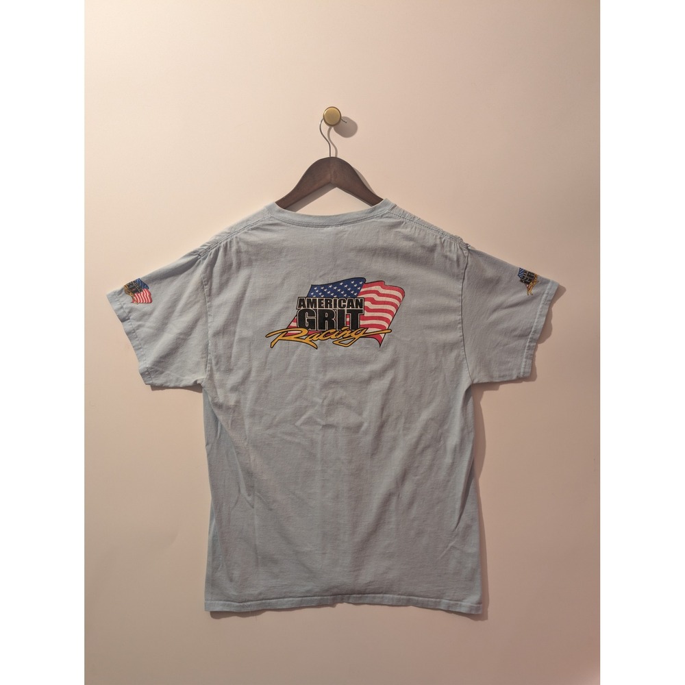 Gildan American Grit Racing T-Shirt Mens L Blue Excellent Graphic Tee Patriotic
